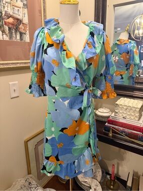 Topshop Floral Ruffle Wrap Mini Dress in Blue, Green & Orange